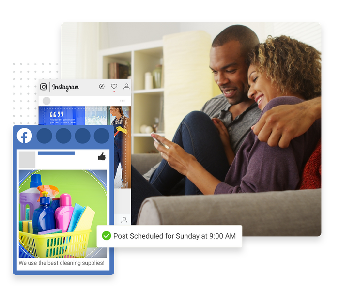 Couple sitting on a couch looking at phone overlaid with social posts and a checkmark indicating social posts were scheduled house cleaning social media management