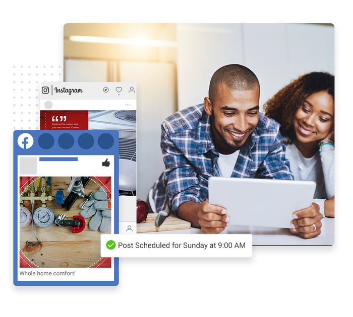 Smiling couple looking at tablet overlaid with social posts and a checkmark indicating social posts were scheduled HVAC social media marketing