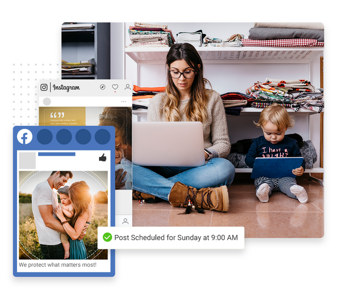 Woman and child with laptops overlaid with social posts and a checkmark indicating social posts were scheduled insurance social media management