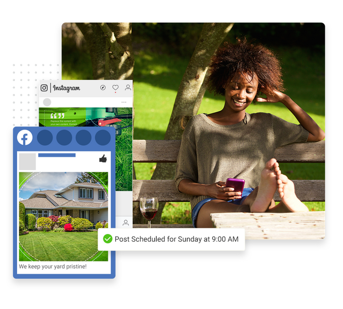 Smiling woman looking at phone outside overlaid with social posts and a checkmark indicating social posts were scheduled lawn care social media marketing