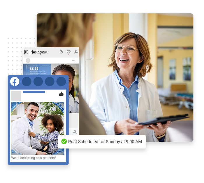 Doctor holding tablet smiling at patient overlaid with social posts and a checkmark indicating social posts were scheduled medical social media marketing