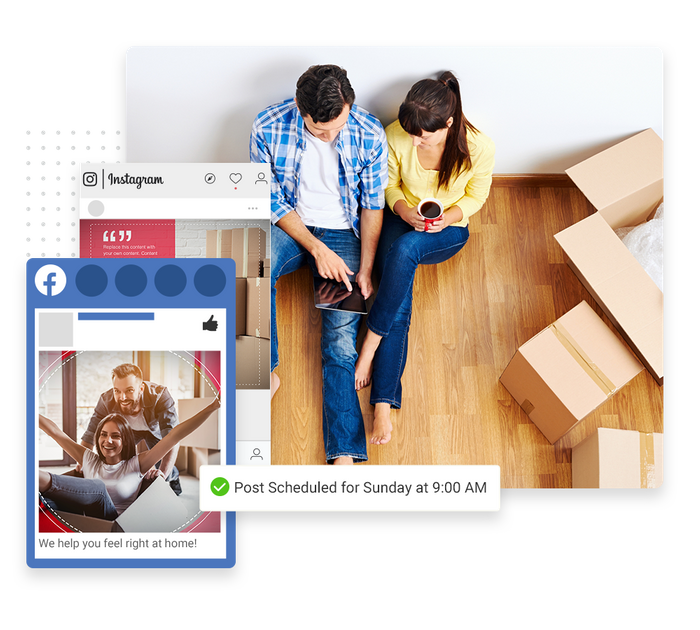 Couple sitting next to moving boxes overlaid with social posts and a checkmark indicating social posts were scheduled moving company social media marketing