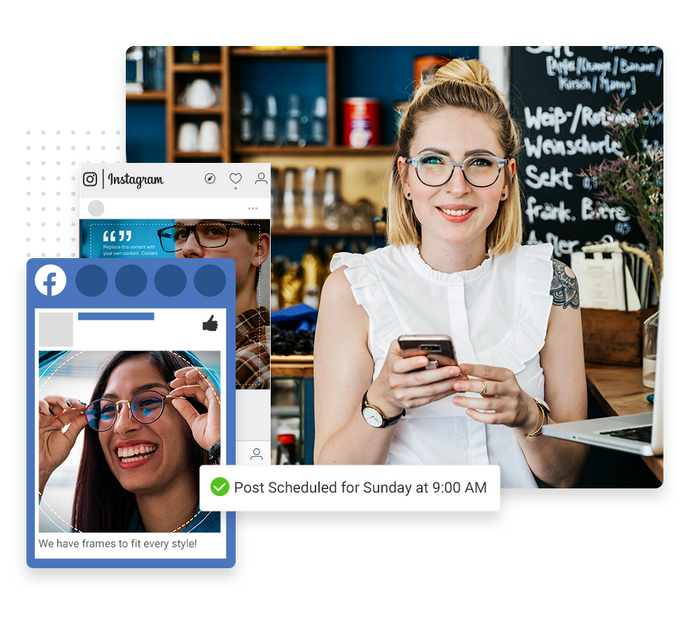 Smiling barista with glasses and smartphone overlaid with social posts and a checkmark indicating social posts were scheduled Eye doctor social media management