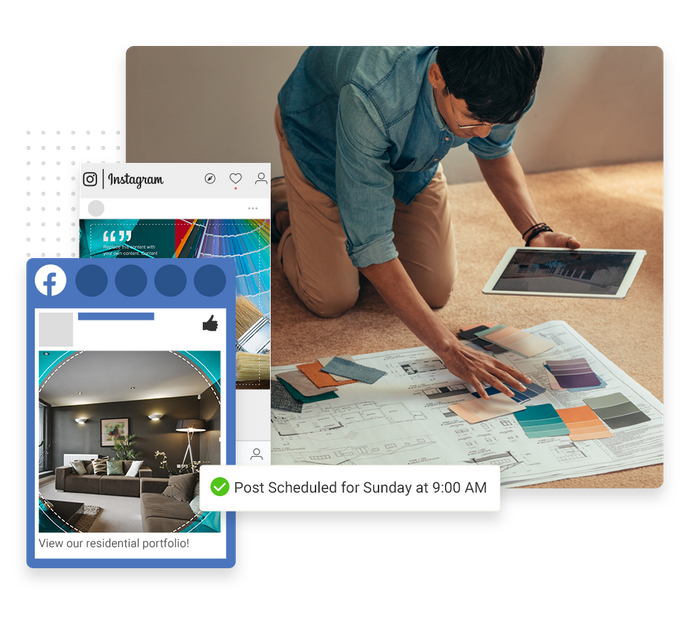 Painter looking at tablet and paint samples overlaid with social posts and a checkmark indicating social posts were scheduled painter social media marketing
