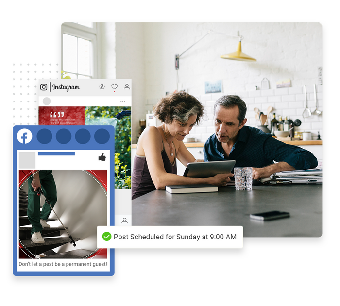 Couple looking at tablet overlaid with social posts and a checkmark indicating social posts were scheduled pest control social media marketing
