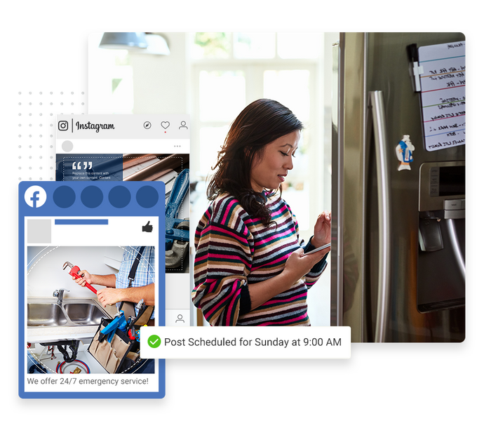 Woman looking at a phone overlaid with social posts and a checkmark indicating social posts were scheduled plumber social media management