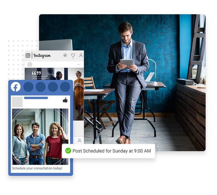 Man leaning on desk looking at tablet overlaid with social posts and a checkmark indicating social posts were scheduled Small business social media marketing