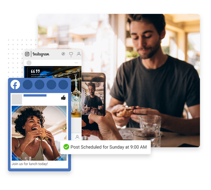 Smartphone taking picture of a man eating overlaid with social posts and a checkmark indicating social posts were scheduled restaurant social media marketing
