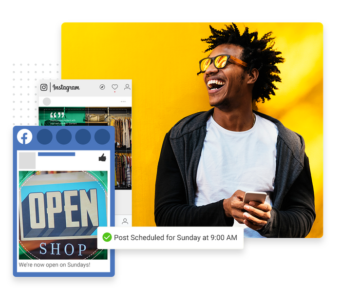 Smiling man with phone overlaid with social posts and a checkmark indicating social posts were scheduled retail social media marketing