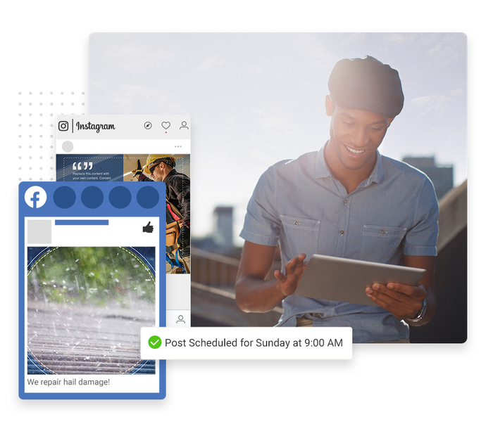 Man looking at tablet overlaid with social posts and a checkmark indicating social posts were scheduled roofer social media marketing