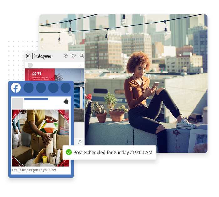 Woman looking at phone overlaid with social posts and a checkmark indicating social posts were scheduled self storage social media marketing
