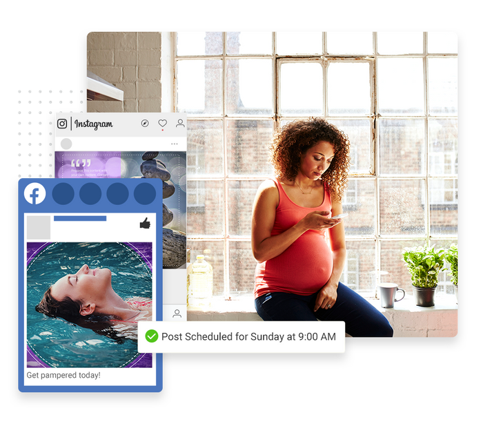 Pregnant woman looking at phone overlaid with social posts and a checkmark indicating social posts were scheduled spa social media marketing