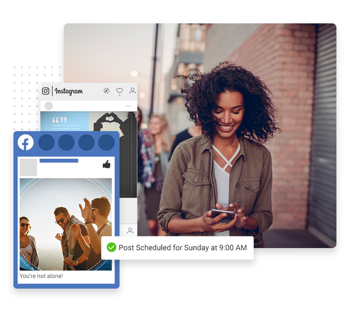 Smiling woman looking at phone overlaid with social posts and a checkmark indicating social posts were scheduled therapist social media marketing