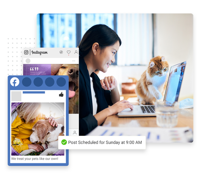 Smiling woman with cat and laptop overlaid with social posts and a checkmark indicating social posts were scheduled veterinarian social media marketing