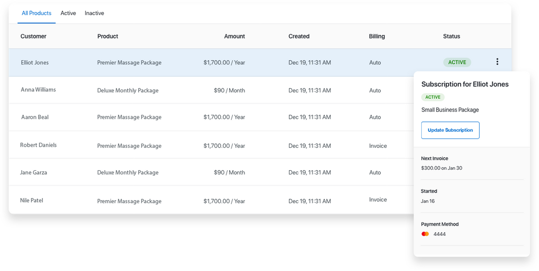 Customer management dashboard in the Marketing 360® Payments app overlaid with subscription details for customer Subscription overview dashboard