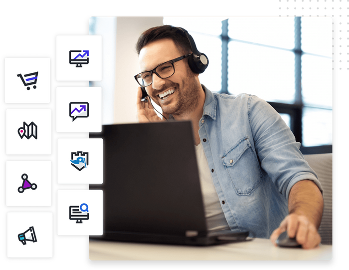 Man with headset smiling in front of computer overlaid with Marketing 360® app icons Marketing team