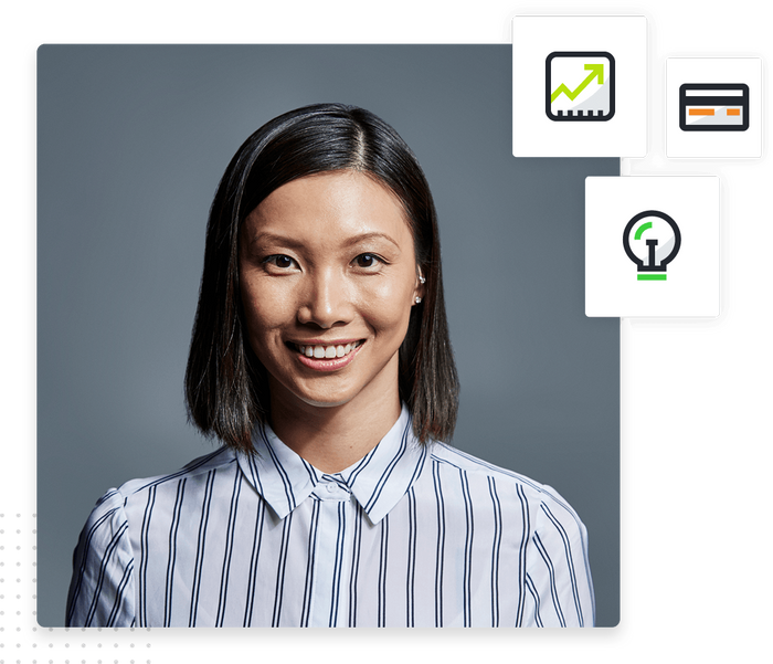 Smiling woman against a grey background overlaid with Marketing 360® app icons Support team
