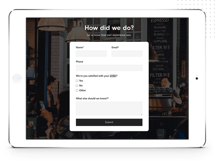 White iPad displaying a feedback form on a coffee shop website Coffee shop feedback form
