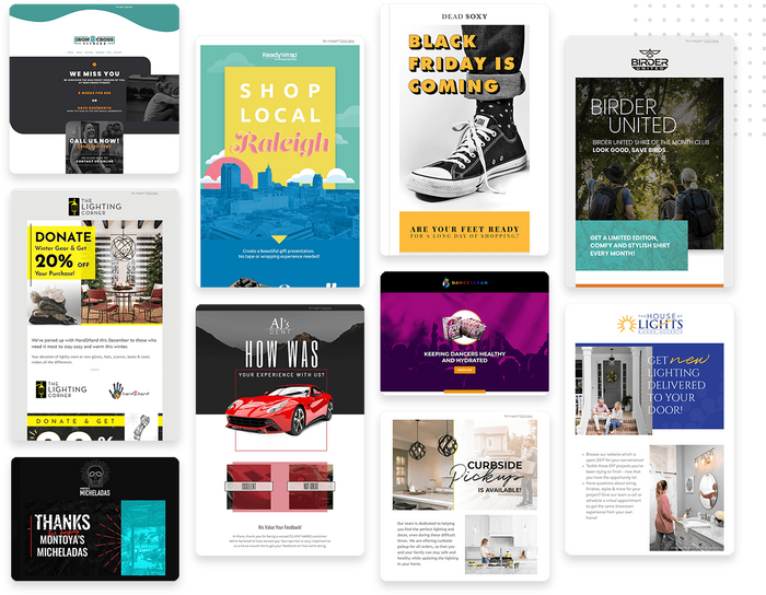 A montage of professional email marketing templates in the Nurture app Email marketing templates