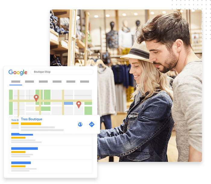 Couple shopping in a retail store overlaid with Google Maps listing for a boutique Retail store local listings