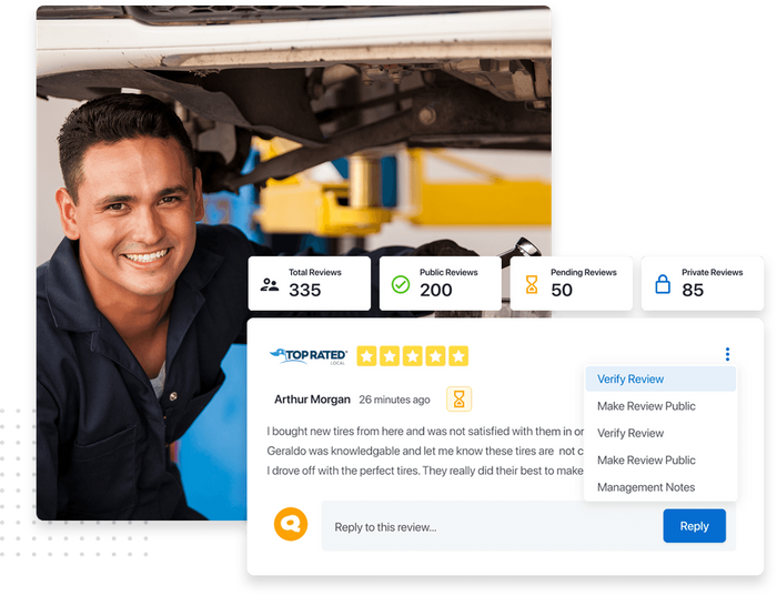 Smiling mechanic working on car overlaid with auto shop Top Rated Local® profile Top Rated Local® auto shop profile