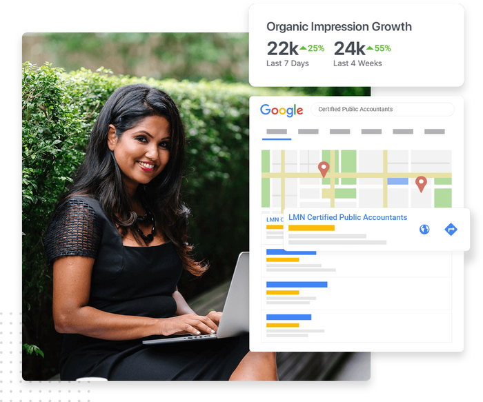 Smiling woman working on a laptop outdoors overlaid with organic impressions and a local Google Maps listing SEO organic impression growth