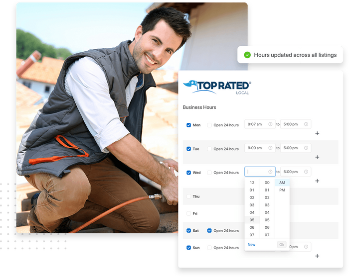 Roofer smiling while making repairs overlaid with Top Rated Local® business hours tab Top Rated Local® Roofers