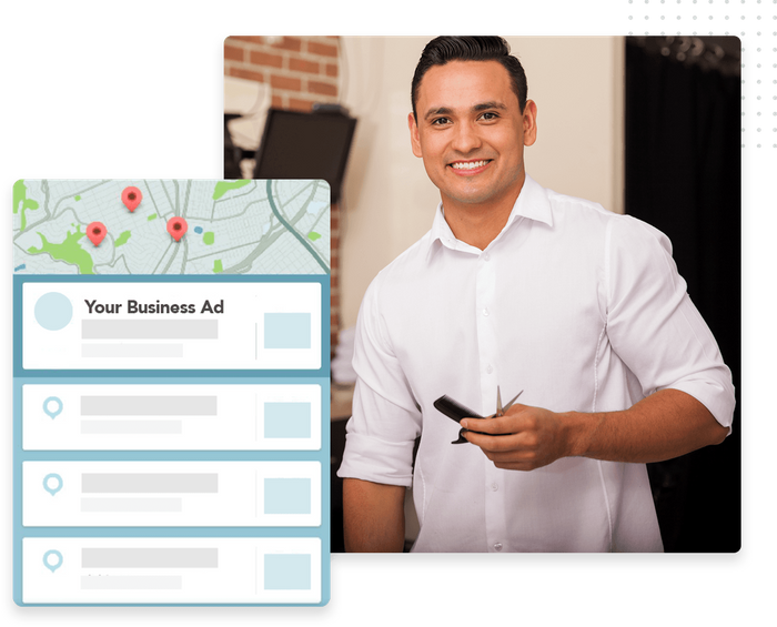 Barber holding comb and scissors overlaid with Waze ad Waze barber shop ad